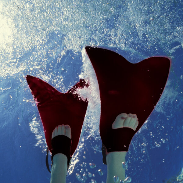a person’s feet wearing a pair of swim fins in water